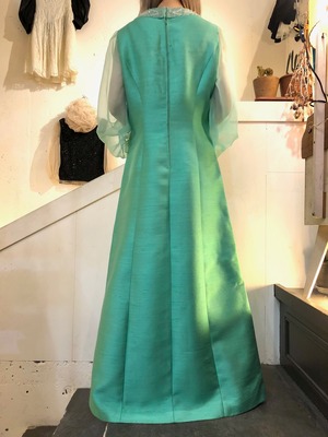 70's mint green organdy sleeve long dress beads embroidered