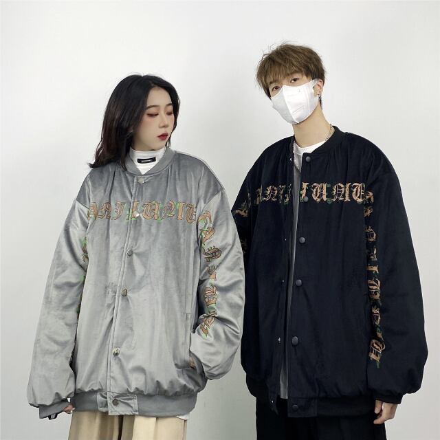 【予約販売】スタジャン アウター ショート丈 アメカジ メンズ ブラック グレー ペア ユニセックス お揃い カップル お洒落 こなれ感 ベーシック 秋 冬 トレンド 韓国 M/L/XL