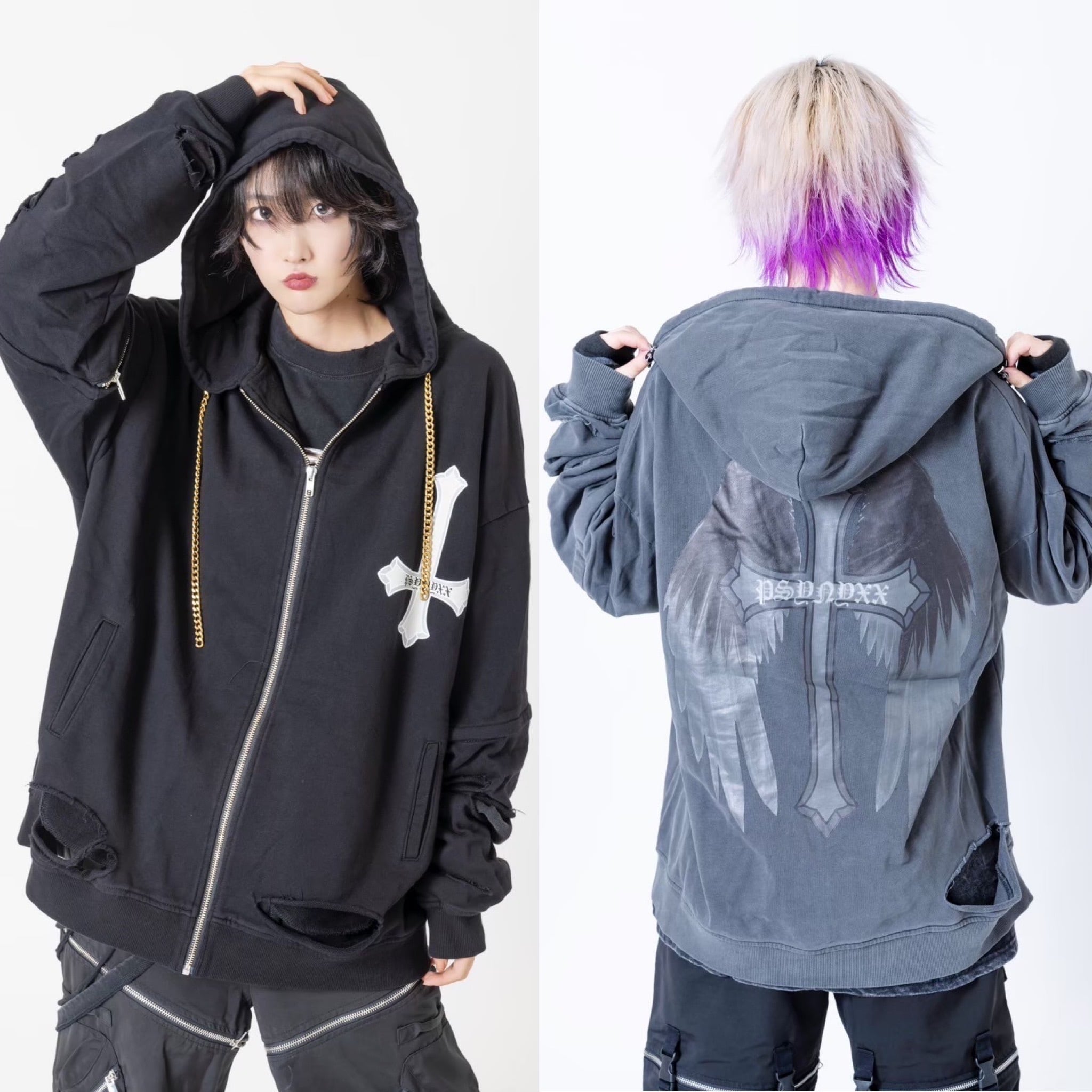 即納】PSYNYXXチェーンクロスダメージパーカー サブカル 地雷 即納】PSYNYXXチェーンクロスダメージパーカー サブカル 地雷