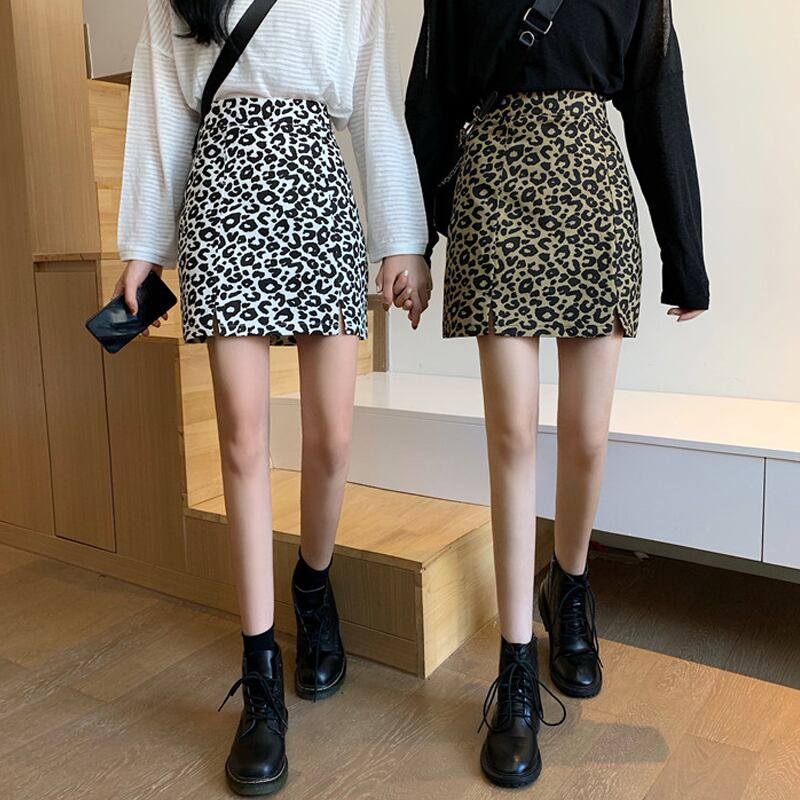スプリングレオパードプリント柄薄手ハイウェストウェストスカート Aラインショート 春物 スーパーモール55976939003