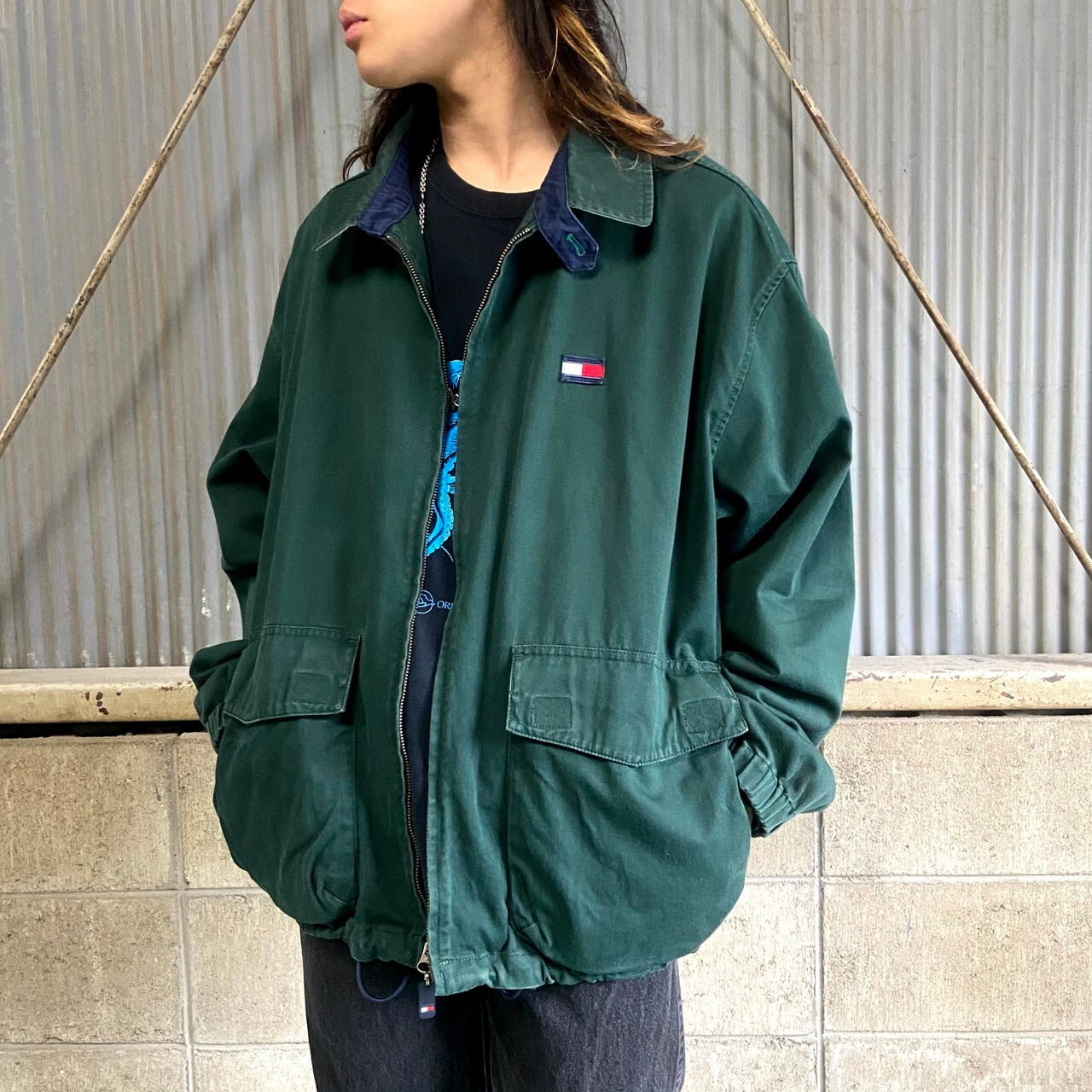 90年代 ビンテージ トミーヒルフィガー ハーフ丈 コットンジャケット メンズxl 古着 90s ヴィンテージ Tommy Hilfiger スイングトップ ドリズラージャケット グリーン 緑 ブルゾン ジャケット Cave 古着屋 公式 古着通販サイト