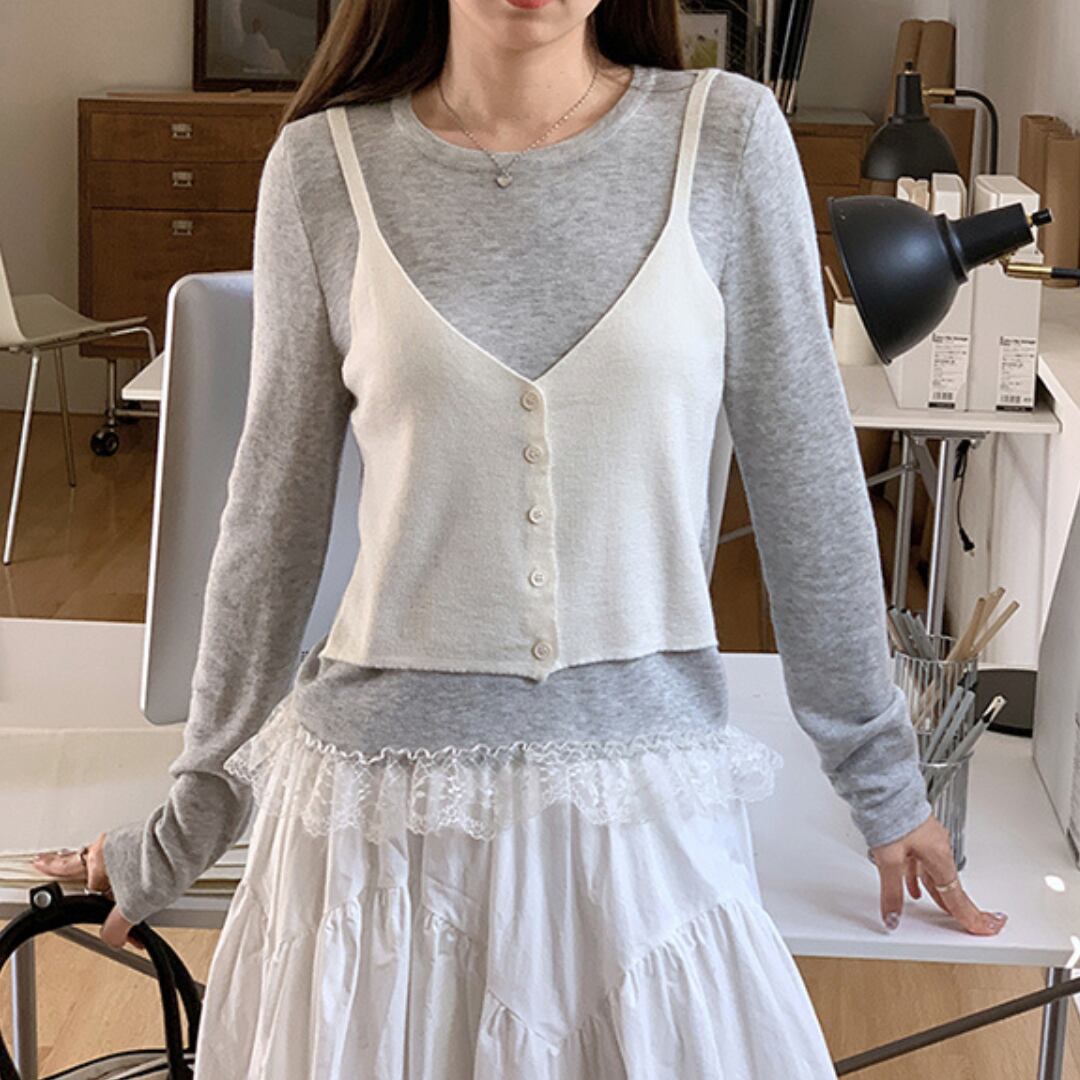 faux two piece lace spring top