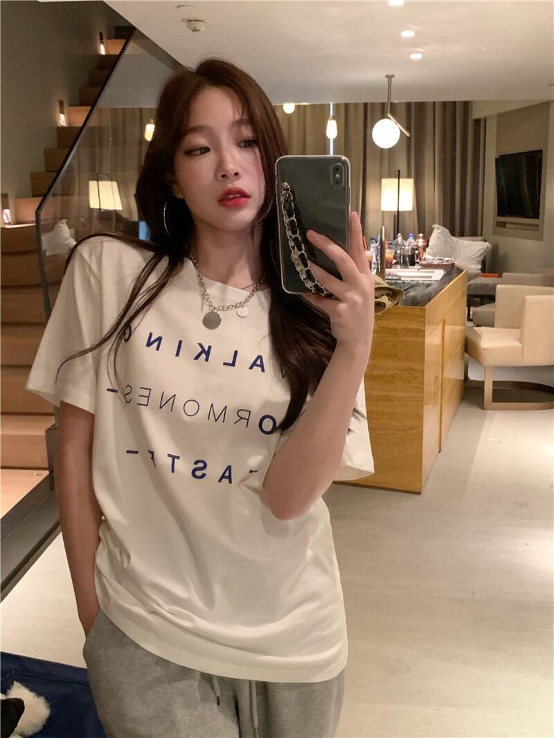 Tシャツ ロングルーズホワイトトップス サマースタイル 夏物 ブラックストロベリース62664444531