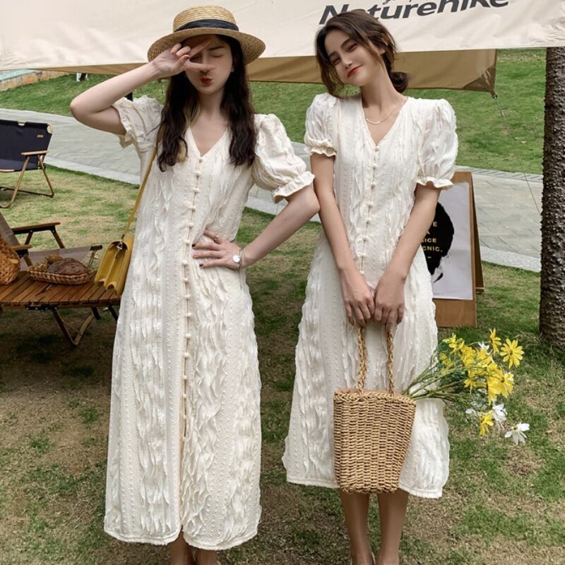スタンダードジャカードドレス サマースタイル薄手Vネックスリーブスカート レトロ 夏物 YY-ファッション99096206022