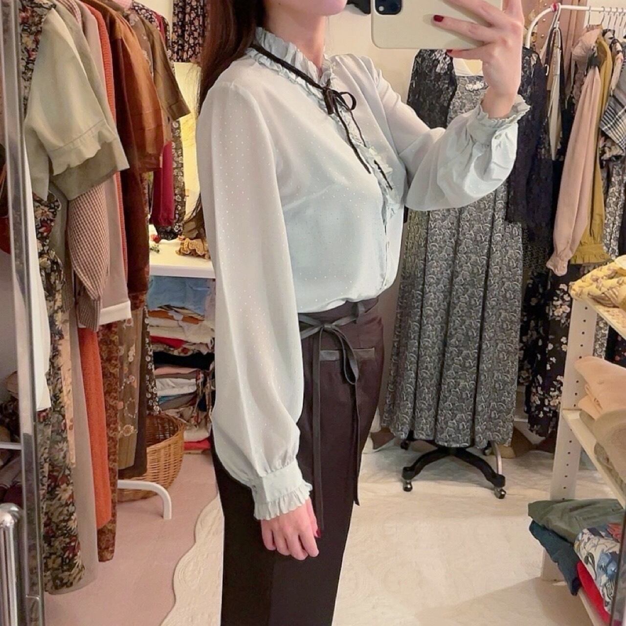 mint green velours ribbon blouse