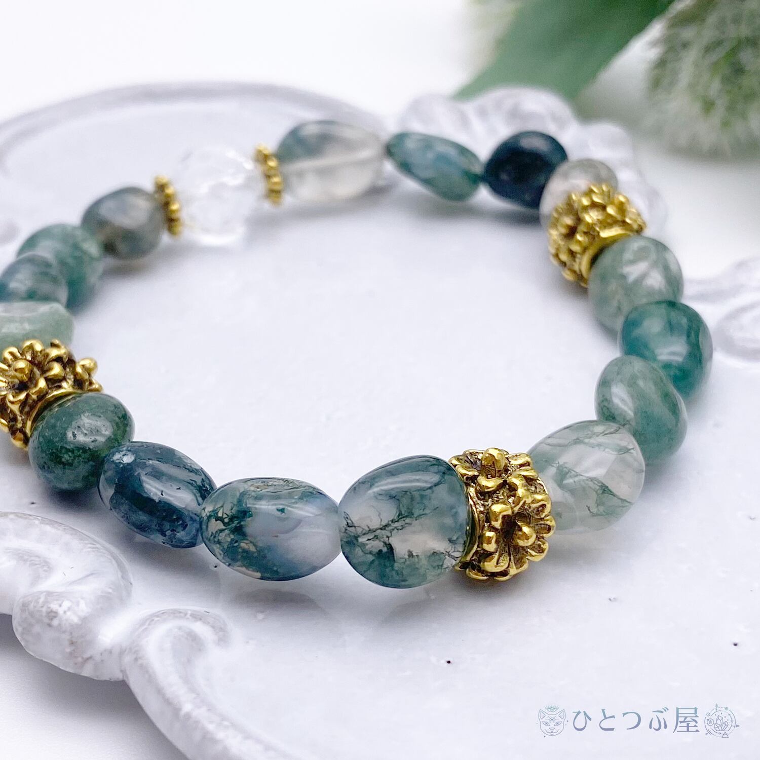 癒し・富・繁栄】モスアゲートとキラキラ水晶のブレス／手首に