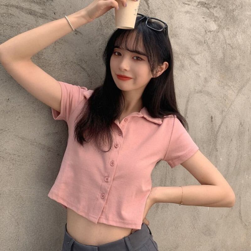サマーカジュアルショートスタンダードカラーホワイトシャツ レディース レトロ 夏物 YY-ファッション3004828784