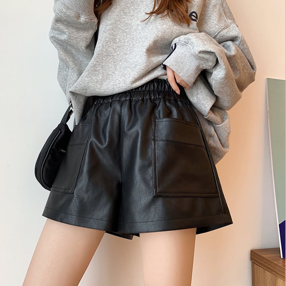 ショートパンツ PUレザー レディース 春秋 韓国 おしゃれ きれいめ ストリート カジュアル 大人 ウエストゴム ブラック 黒 レザーパンツ 大人可愛い 大人女子