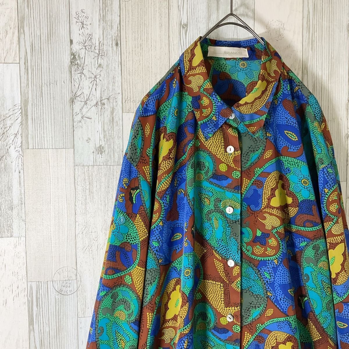 柄シャツ レディース 長袖 M 青 古着 総柄 花柄 ヴィンテージ 柄シャツ レディース 長袖 M 青 古着 総柄 花柄 ヴィンテージ