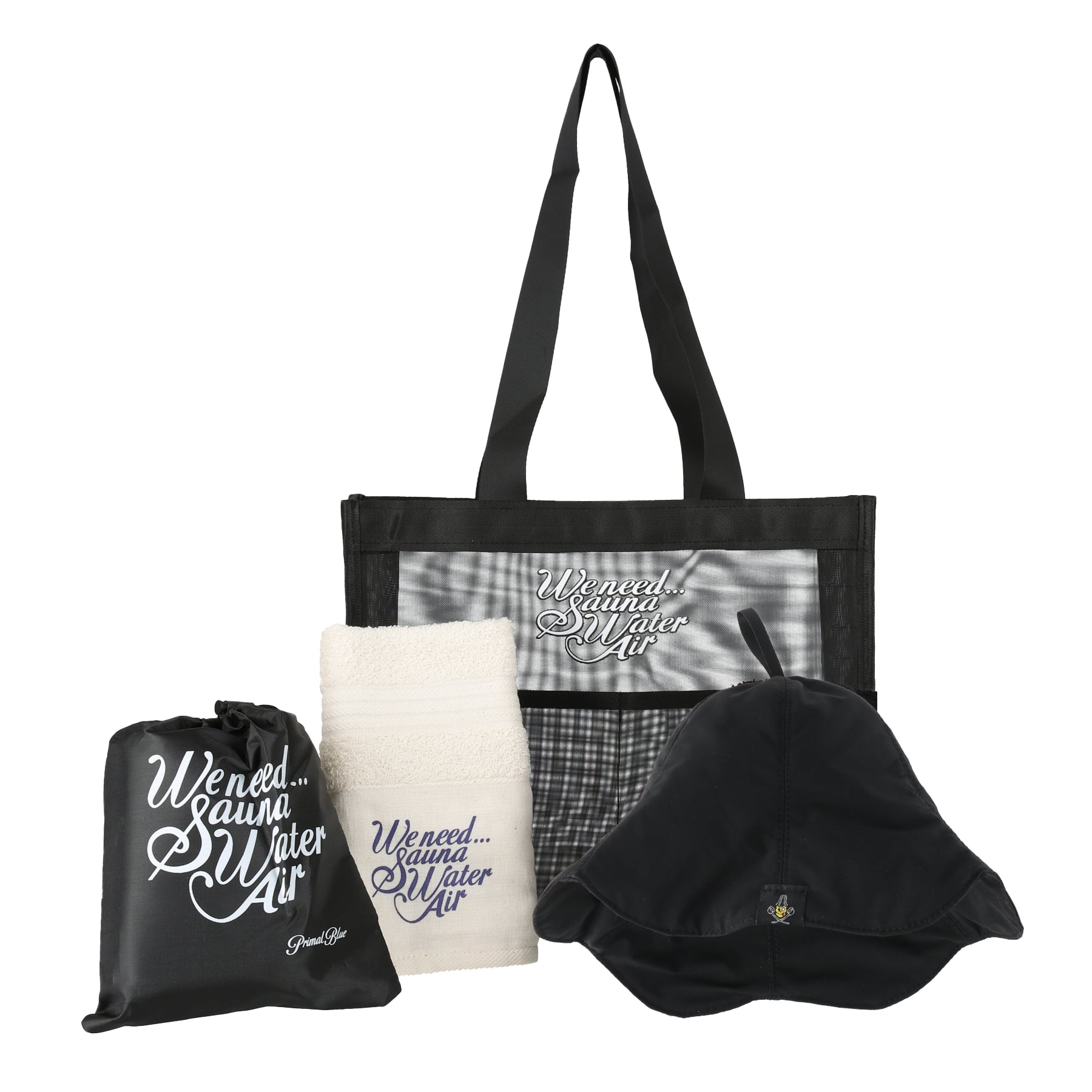 【Primal Blue】 サウナセット サウナハット サウナマット フェイスタオル メッシュトートバッグ サウナ サ活 入門セット ととのう キャンプ 銭湯 (サウナスカルロゴタグ)