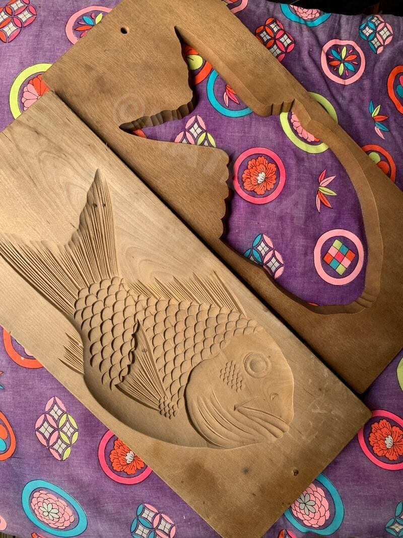 菓子型 木彫り 鯛 タイ 魚 祝い 置物 インテリア 和菓子屋 古道具 骨董