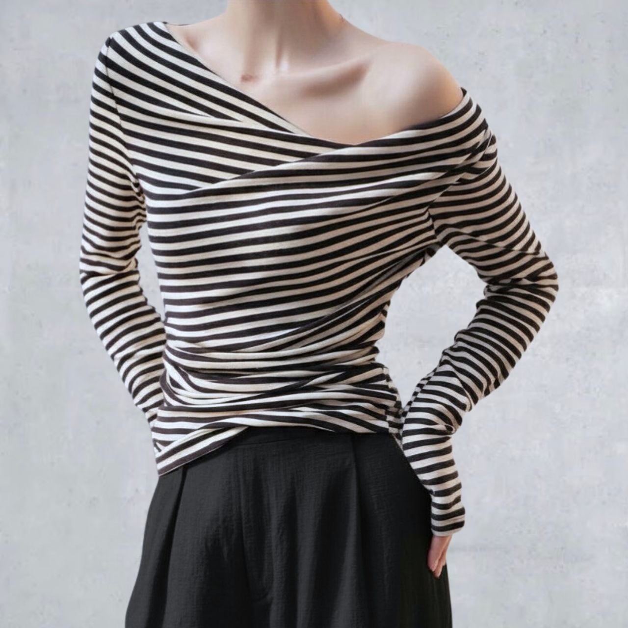 アシンメトリードレープ ボーダートップス 0574