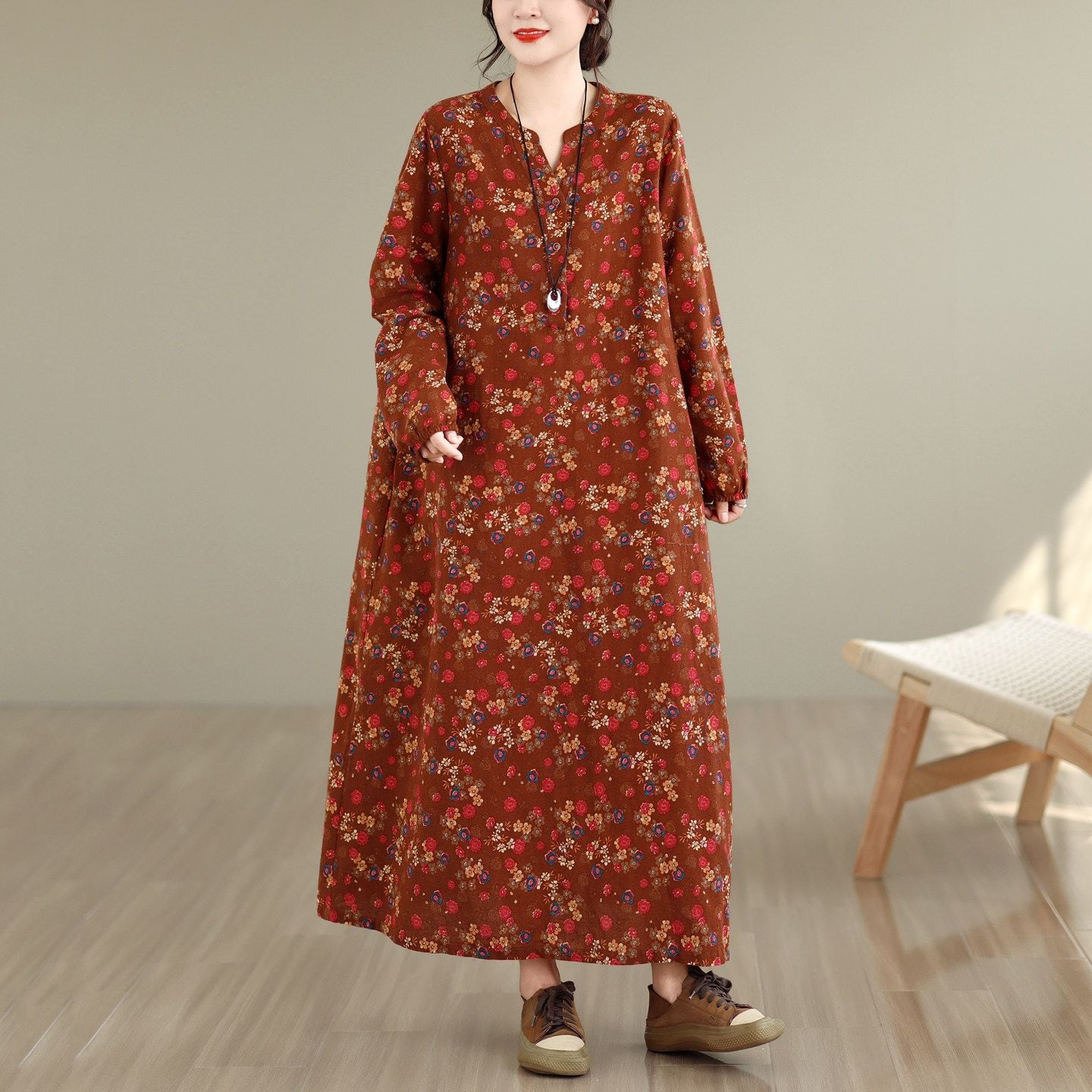 FLORAL PRINT LONG SLEEVES A-LINE MIDI DRESS M-18239