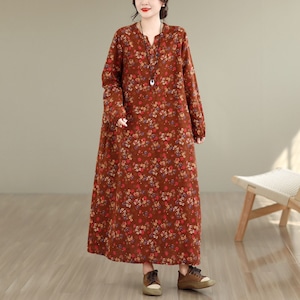 FLORAL PRINT LONG SLEEVES A-LINE MIDI DRESS M-18239
