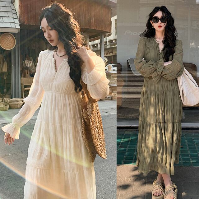 ワンピース レディース ロングワンピ ロング丈 Vネック 長袖 ボリュームスリーブ ティアードワンピ おしゃれ かわいい こなれ感 春秋 ベージュ/グリーン サイズ:S/M/L/XL