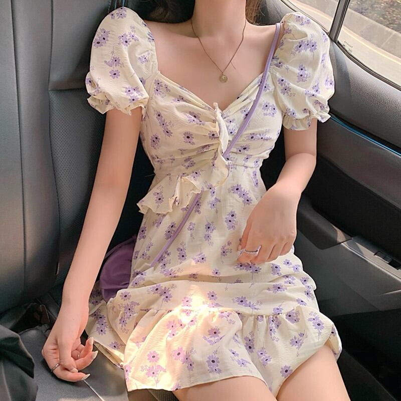 フローラルショートスカート オータムスタンダードスリーブカラー薄手Aラインドレス レトロ 秋物 花柄 スクウェア ガールズファッション25602067502