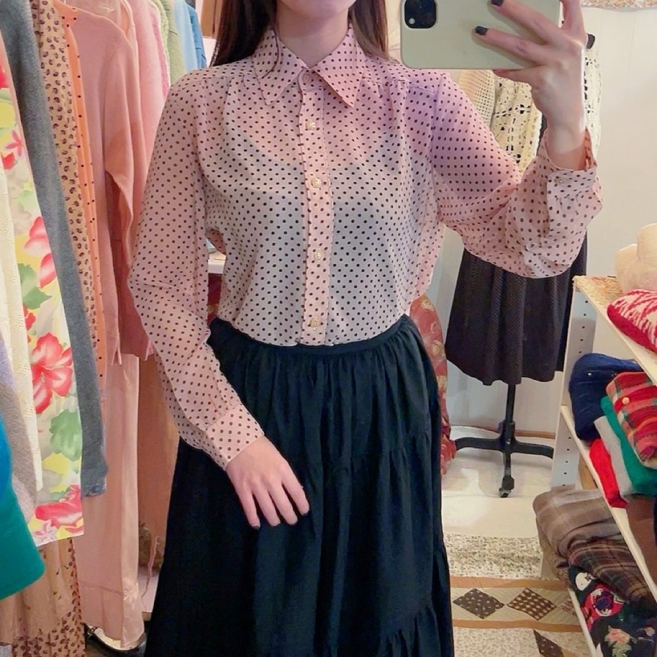 brown dot pink sheer blouse
