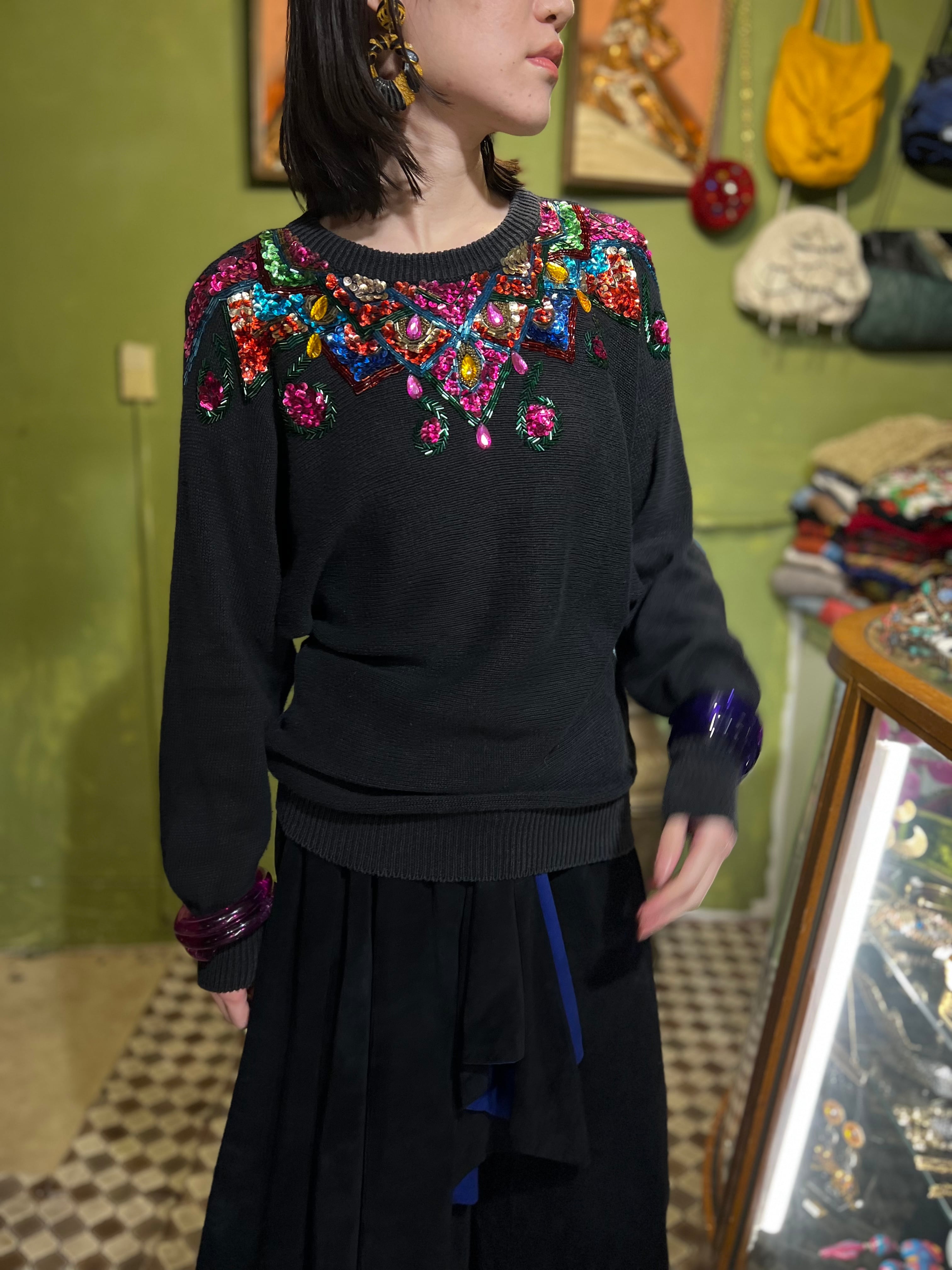 80s black × multicolor spangle bijou knit tops ( ヴィンテージ 