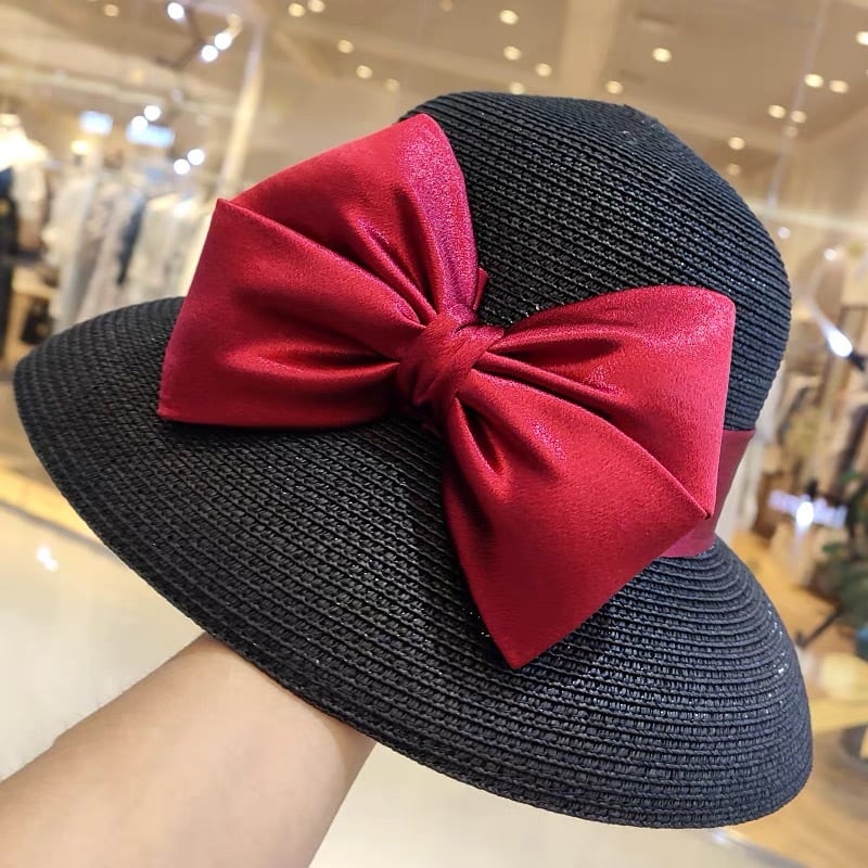2カラー】帽子 女優帽 リボン 赤 白 黒 アクセサリー 麦わら帽子