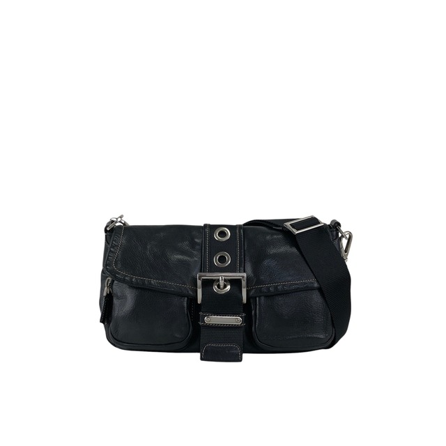 PRADA プラダ ショルダーバッグ ブラック トライアングルロゴ フロントバックル レザー ダブルポケット vintage ヴィンテージ オールド 5hm2yf