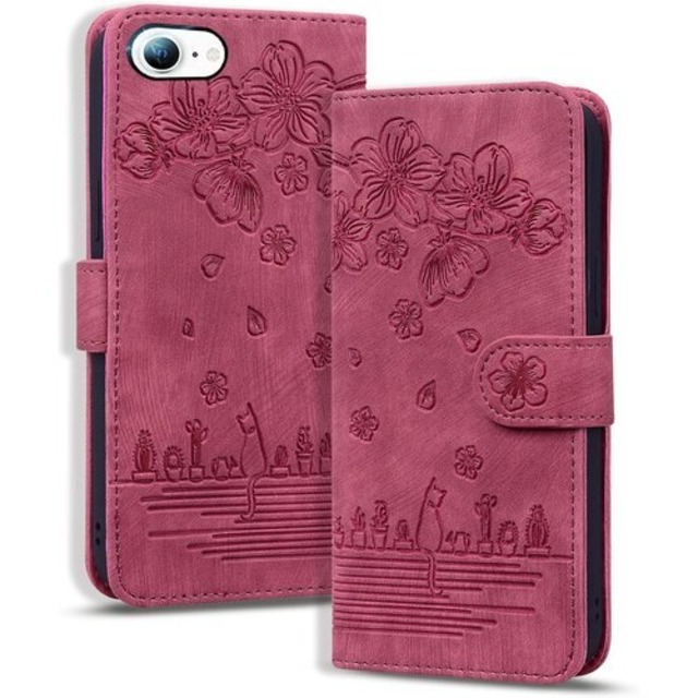 iPhone se 第3世代 ケース 手帳型 iphone8 ケース 手帳型 iphone se スマホケース iphone se2 ケース 手帳型 iphone7ケース 衝撃保護 プレミアムPUレザー スマホケース 財布型 カード収納袋 角度調整可能なスタンド 持ち運びに便利なリストストラップ 桜柄マグネットバックル 4.7インチレッド 2233