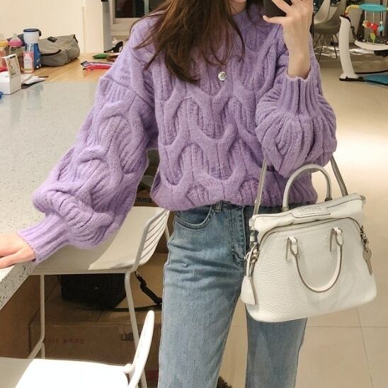 トップス レディース ニット 2色 ランタンスリーブ セーター 長袖 プルオーバー 可愛い おしゃれ 大人可愛い きれいめ シンプル カジュアル ラフ ラウンドネック 送料無料 きれいめ フェミニン ラブリー キュート ガーリー ナチュラル とろみ感 ルーズ 無地 秋 冬 10代 20代 30代 40代 ママ コーデ 女の子 通勤 通学 デート お出かけ 休日 女子会 公園デビュー 普段使い スタイル 韓国 ファッション 着回し あったか お揃い S M L XL アプリコット パープル