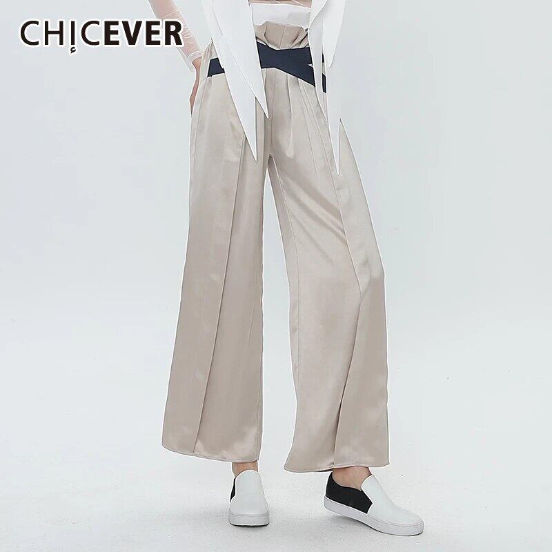 CHICEVERシャーリングソリッドワイドレッグパンツレディースエラスティックウエストクロスストラップパンツ2020秋 伸縮 オータム 秋物 ワイドパンツ ソリッドカラー 6base584639331173