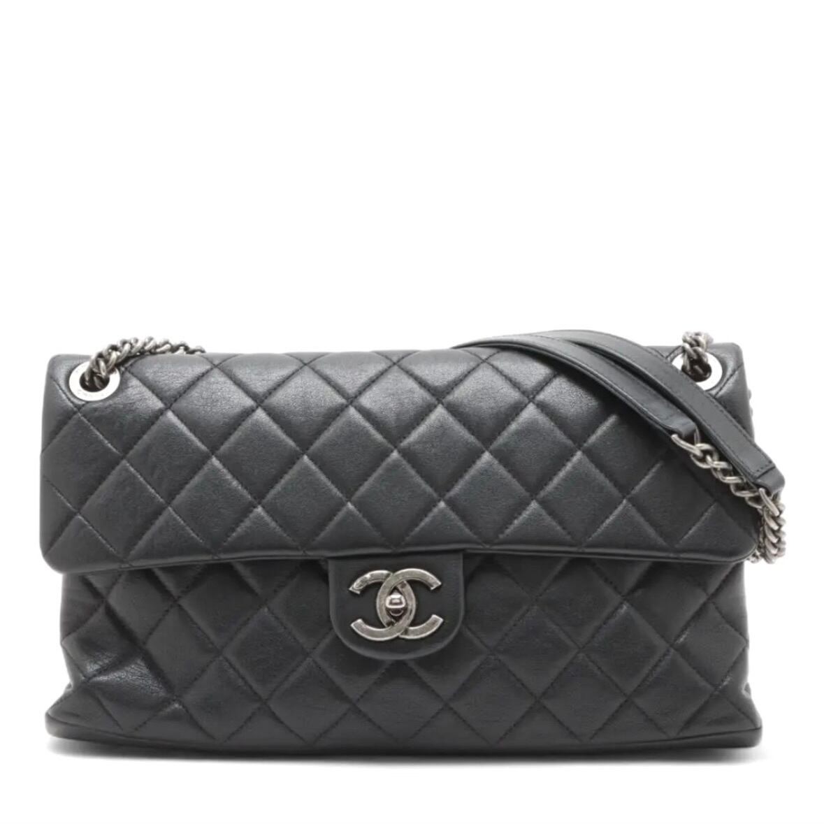 Extremely Rare ◇ CHANEL Large Matelassé Leather Single-Flap Double-Chain Bag, Black with Gunmetal Hardware, Unisex