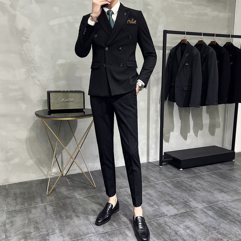 メンズ ダブル スーツ 黒ストライプ