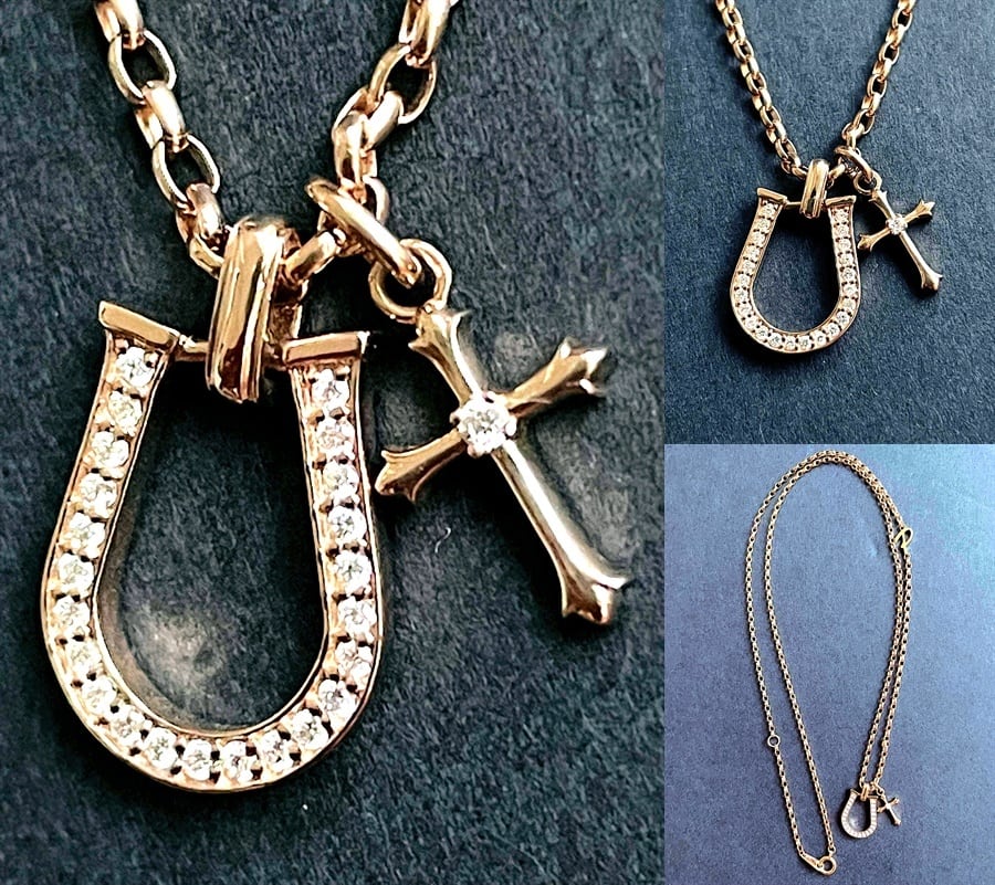 Per noi ペルノイ K18 PG クロス ホースシュー ペンダント ネックレス ピンクゴールド パヴェ ダイヤモンド
