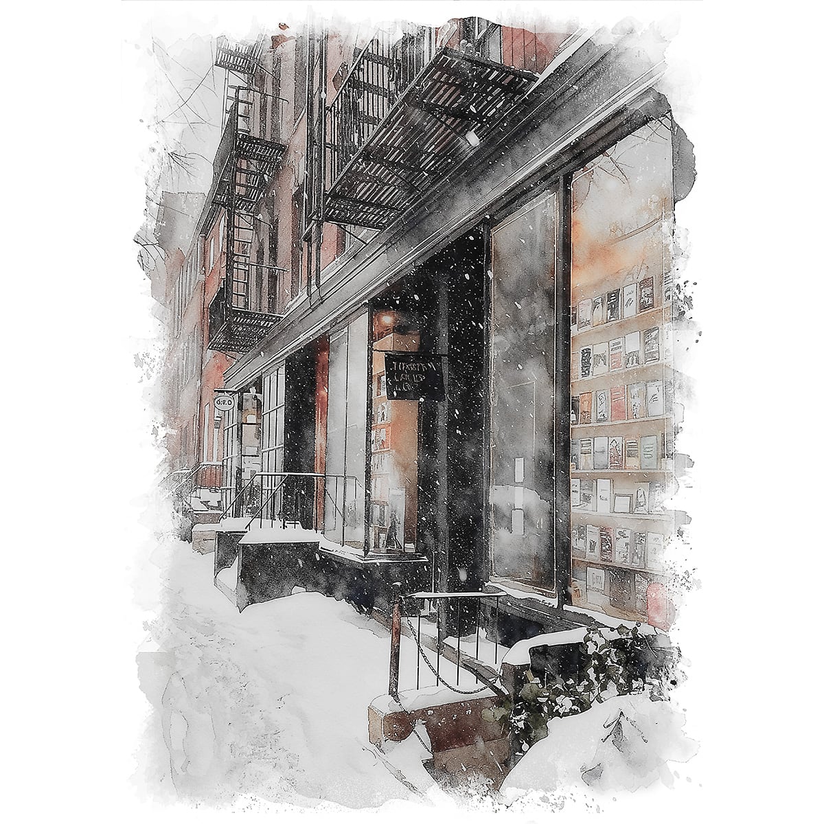 絵画 風景画(街並み) 冬 雪のアメリカ ニューヨーク ブルックリン地区の書店 インテリアアート額付き 水彩画・油絵調 WAT0605