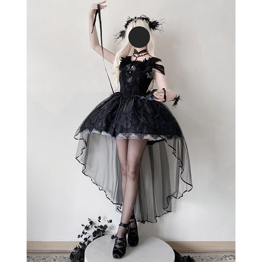 ゴスロリ ワンピース スワン×フェザー×ヘッドドレス付き 黒｜WithU