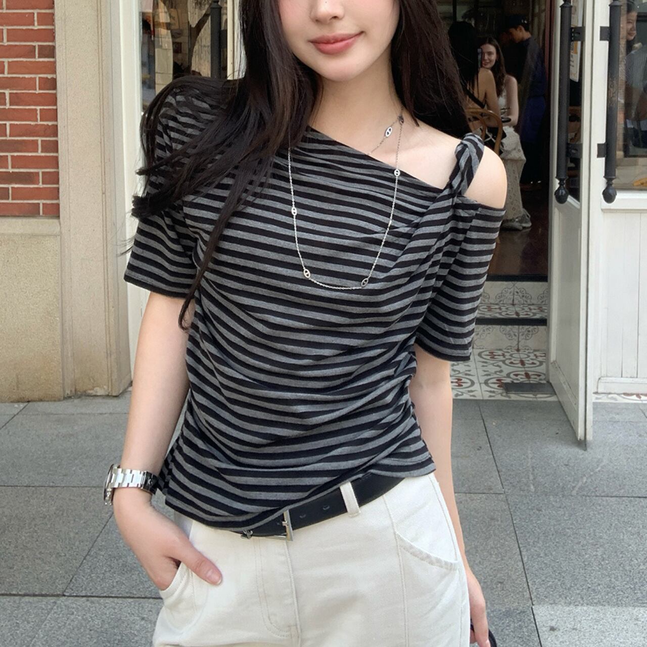 ツイストショルダー ボーダーTシャツ A4332