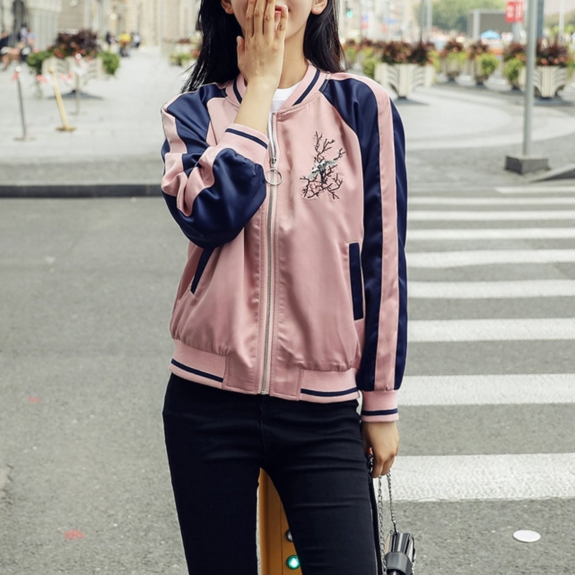 刺繍入りスカジャン バイカラージャンパー レディース アウター