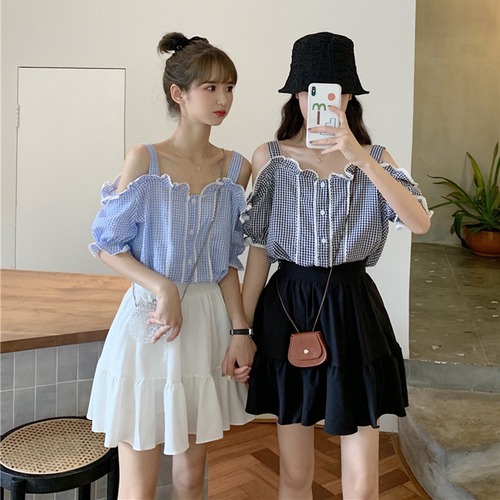 ✞ ストラップレスショートチェック柄シャツブラウスAラインスカート スウィート ✞ゴスロリ SM ミリ 甘ロリ クラロリ 和ロリ エレガント 黒ロリ 姫ロリ 華ロリ BB-BB3596390