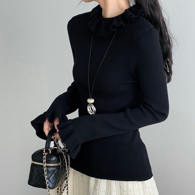frill-neck knit top　J00319