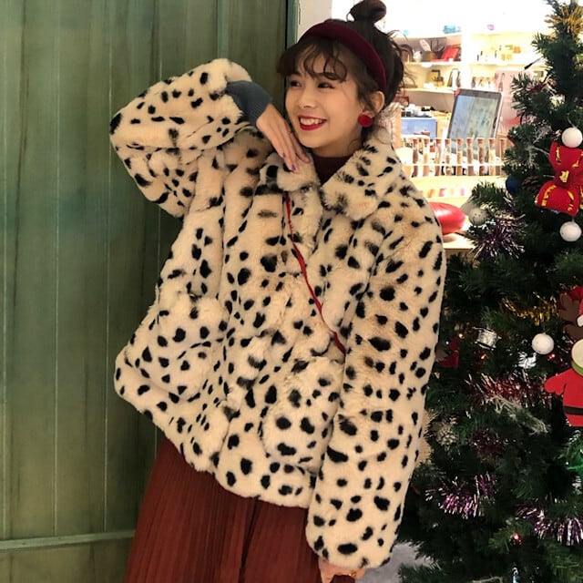 レディース コート アウター ファーコート フェイクファー もこもこ ダルメシアン 総柄 かわいい かっこいい S/M/L/XL |  favoriteselect powered by BASE