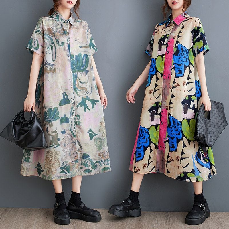 PRINT SHORT SLEEVE RELAXED MIDI DRESS M-17871