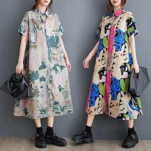 PRINT SHORT SLEEVE RELAXED MIDI DRESS M-17871