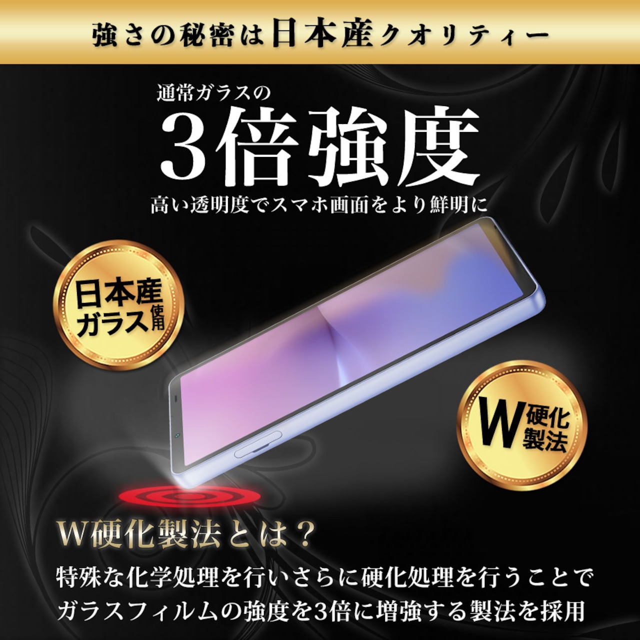 Hy+ Xperia10 V フィルム ガラスフィルム W硬化製法 一般ガラスの3倍強度 全面保護 全面吸着 日本産ガラス使用 厚み0.33mm ブラック