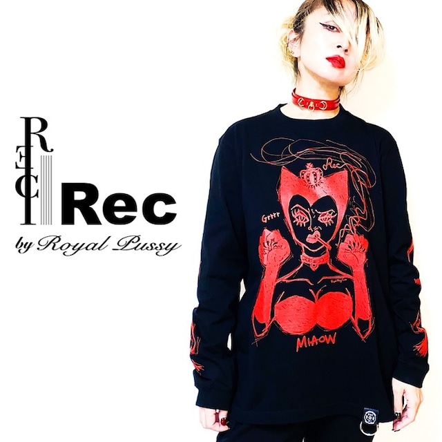 Rec by Royal Pussy / レック バイ ロイヤルプッシー「ROYAL CAT WOMAN TEE BLACK」Tシャツ 長袖 ロンT 黒 ブラック 赤 レッド 袖プリント Dカン クルーネック メンズ レディース パンク ロック PUNK ROCK バンド V系 ストリート 川村カオリ ギフト無料 ステージ衣装 Rogia