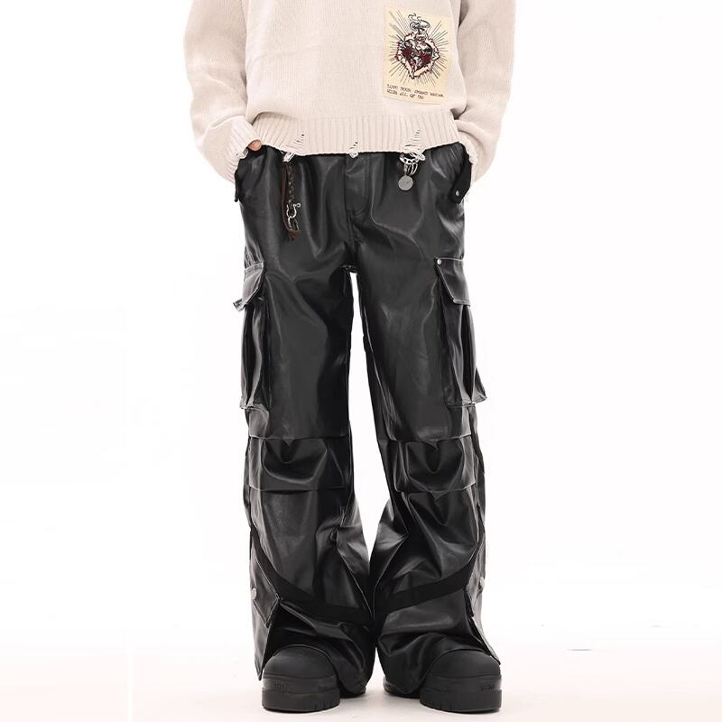 BTSG マルチポケット レザーパンツ BTSG光沢感あるマルチポケットレザーパンツ | mblueshop