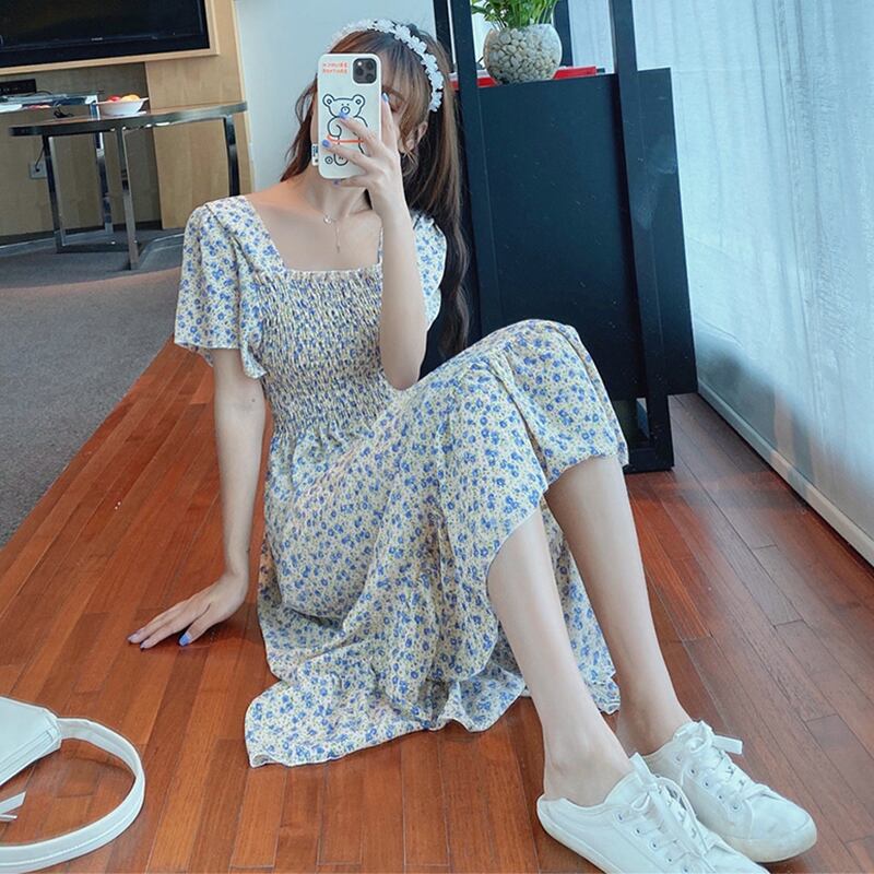 レトロフローラルシフォンドレスの女神ファン夏新ウエストスリム半袖スカート2020年版 1号婦人80194607627