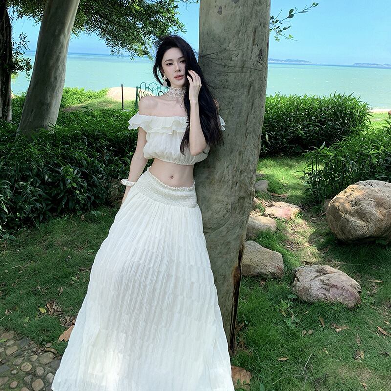 ロングドレス レディース トップス ロングスカートセット オフショルダー フリルトップ ウエスト露出 プリーツロングスカート ホワイト ビーチリゾートセットアップDQ2-XBN6-238-88170880