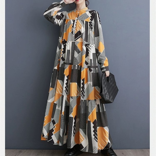 PRINT STAND COLLAR LONG SLEEVES LONG TIERED SHIRT DRESS 2colors M-8665