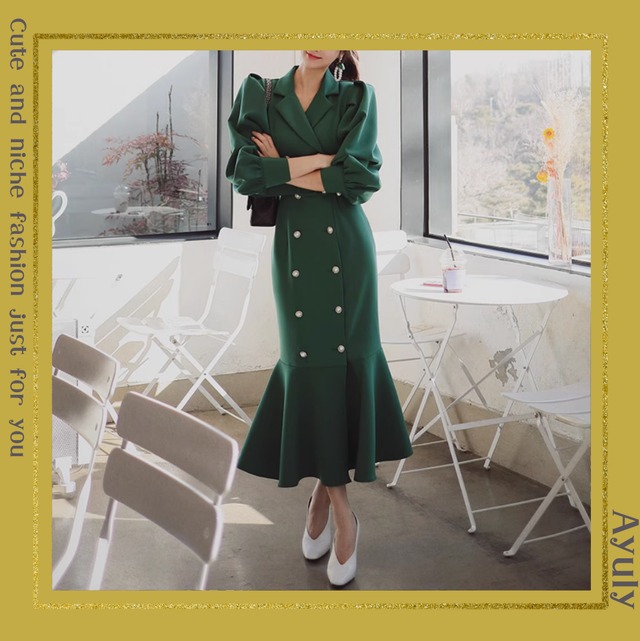 パフスリーブマーメイドスカートワンピース　25220