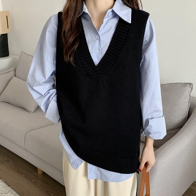 【セットアップ】大きいサイズ ニットベスト シャツ セットアップ レディース 2点セット おしゃれ きれいめ ベスト シャツ 春 秋 冬 20代 30代 40代 50代 運動会 文化祭  スポーツ 袖あり 母 母親 シンプル おしゃれ ベージュ ブラック 黒 S M L
