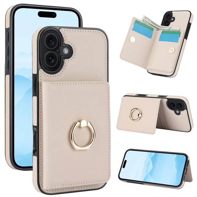 Dahimomo 適用 iPhone 17 ケース 手帳型 アイフォン17 ケース 背面カード収納 リング付き いPhone17 財布型 スタンド機能 スマホケース iPhone 17 あいふおん17ケース 携帯カバー iPhone17 カード RFIDブロッキング 高級レザー 耐摩擦 アイホン17 耐衝撃 シンプル おしゃれ - 米白