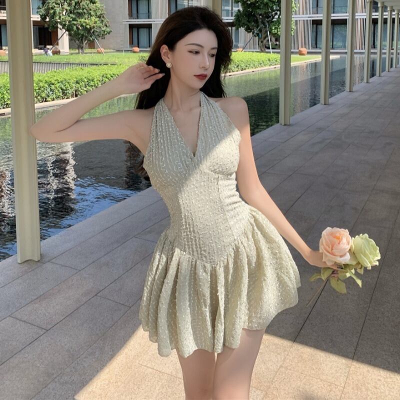 Vネックホルターノースリーブウェストドレス ハンチェンe78642732469