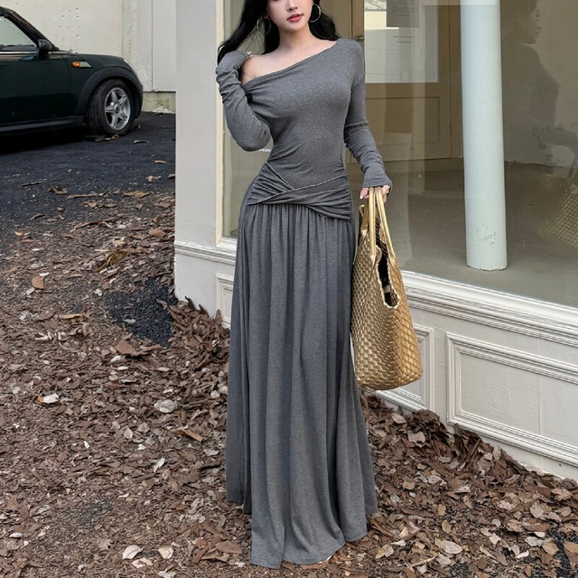 ロングワンピース オフショルダー ウエストシェイプ グレー S M L